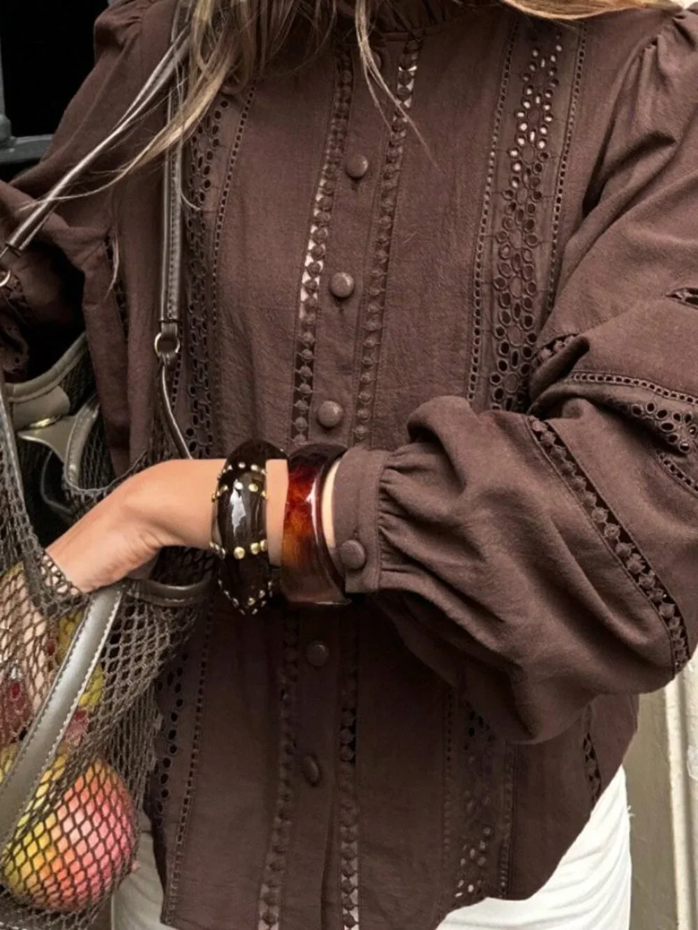 Coffee Brown Women's Casual 100%Cotton Shirt With Embroidery